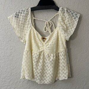 Cream Lace Tie-Back Flutter Sleeve Blouse